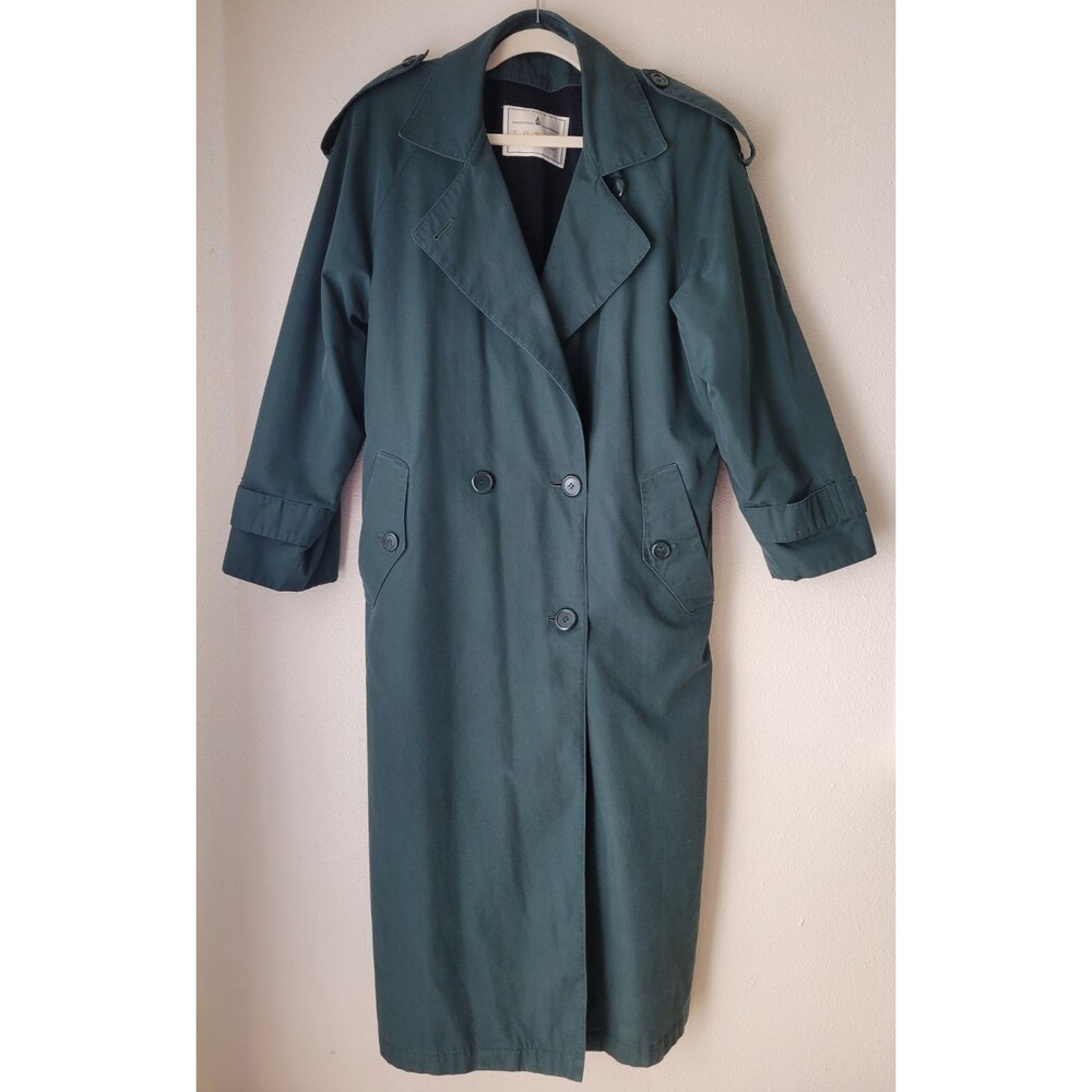Vintage Towne From London Long Trench Coat Women 12 Slate Teal Minimalist